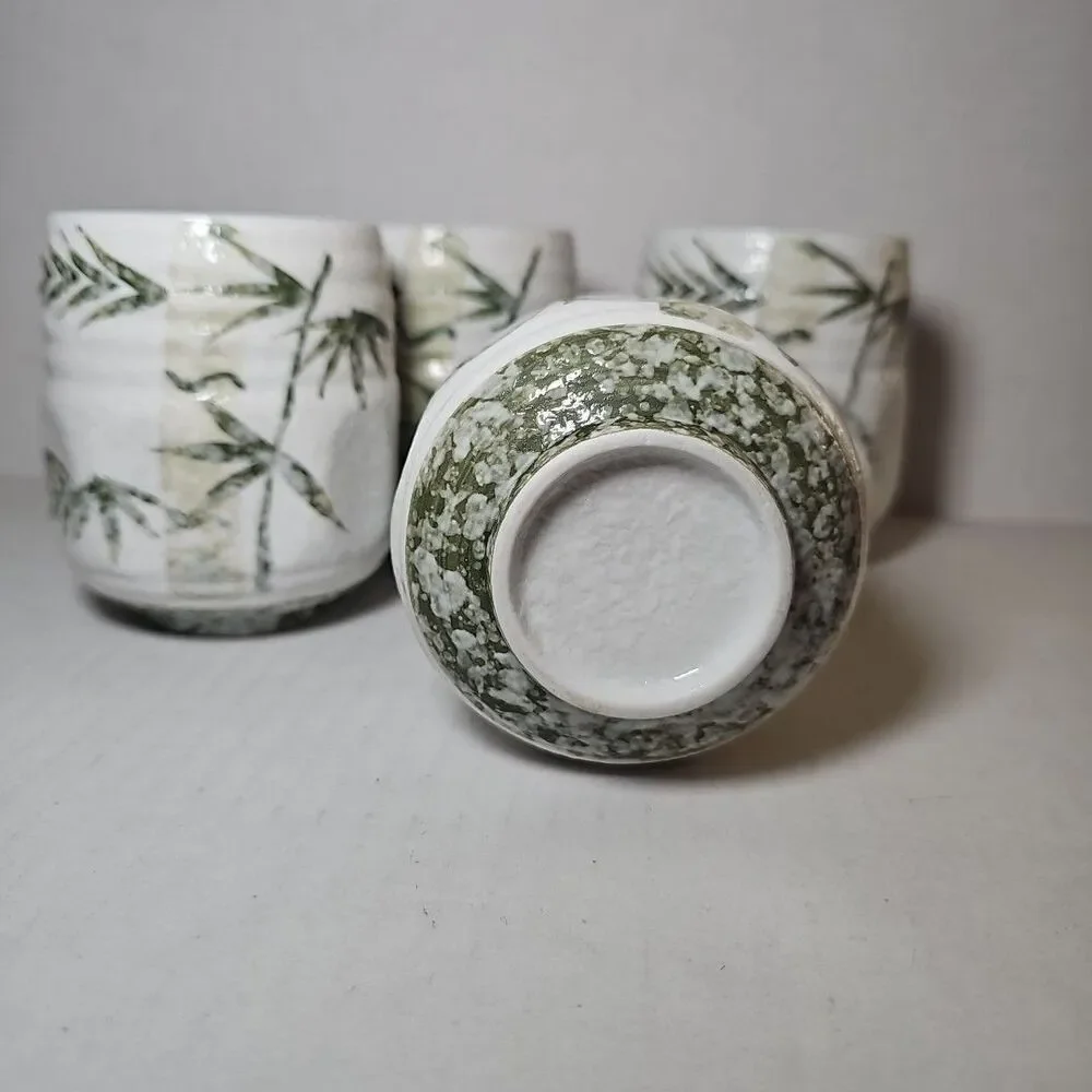 Set Of 4 Japanese Stoneware Handleless Tea Cup Yunomi Green Bamboo